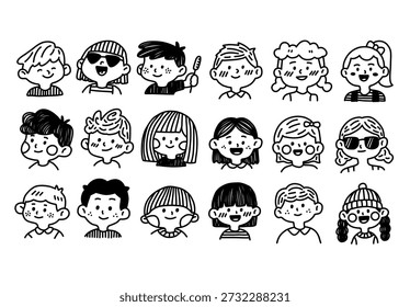 Cute children face doodle set with happy boy and girl head avatars featuring hand drawn kid character portraits art decoration