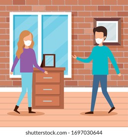 cute children with face mask inside house scene vector illustration design