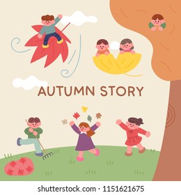 Cute children are falling down and playing with their friends.
A fairy tale atmosphere flat design style vector graphic illustration set