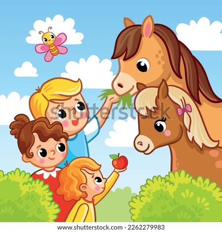 Cute children feed grass and apples to horses and foals. Vector farm illustration in cartoon style with summer nature.