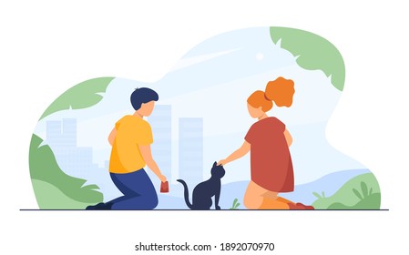 Cute children feeding cat at street. Kid, pet, meal flat vector illustration. Animals and kindness concept for banner, website design or landing web page