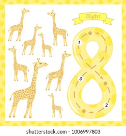 Cute children Flashcard number eight tracing with 8 giraffes for kids learning to count and to write. learning the numbers 0-10, Flash Cards, educational preschool activities, worksheets for kids.