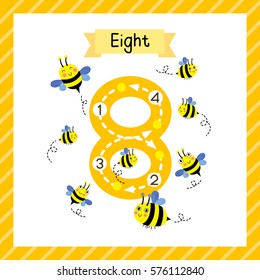 Cute children Flashcard number eight tracing with 8 Bees for kids learning to count and to write.