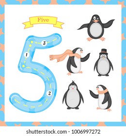 Cute children Flashcard number five tracing with 5 penguins for kids learning to count and to write. learning the numbers 0-10, Flash Cards, educational preschool activities, worksheets for kids.
