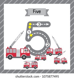 Cute children Flashcard number five tracing with 5 Fire Engines for kids learning to count and to write.