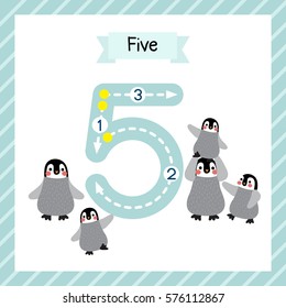 Cute children Flashcard number five tracing with 5 Penguins for kids learning to count and to write.