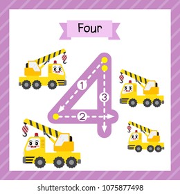 Cute children Flashcard number four tracing with 4 Cranes for kids learning to count and to write.