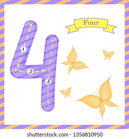 Cute children Flashcard number Four tracing with 4 butterflies for kids learning to count and to write.