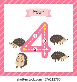 Cute children Flashcard number four tracing with 4 Hedgehogs for kids learning to count and to write.