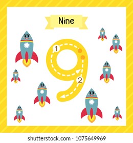 Cute children Flashcard number nine tracing with 9 Rockets for kids learning to count and to write.