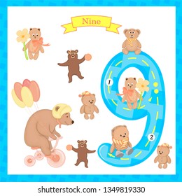 Cute children Flashcard number Nine tracing with 9 bears for kids learning to count and to write.