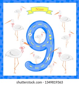 Cute children Flashcard number Nine tracing with 9 herons for kids learning to count and to write.