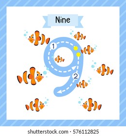 Cute children Flashcard number nine tracing with 9 Clownfish for kids learning to count and to write.