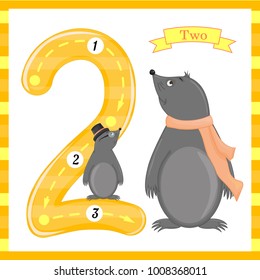 Cute children Flashcard number one tracing with 1 mole for kids learning to count and to write. learning the numbers 0-10, Flash Cards, educational preschool activities, worksheets for kids.