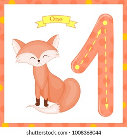 Cute children Flashcard number one tracing with 1 Fox for kids learning to count and to write. learning the numbers 0-10, Flash Cards, educational preschool activities, worksheets for kids.