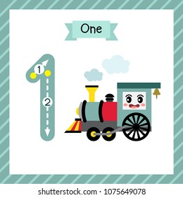 Cute children Flashcard number one tracing with 1 Steam Trains for kids learning to count and to write.