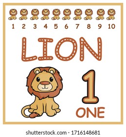 Cute children Flashcard number one tracing with "lion" for kids learning to count and to write.