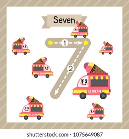 Cute children Flashcard number seven tracing with 7 Food Trucks for kids learning to count and to write.