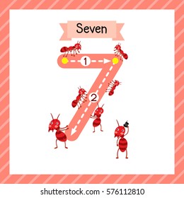 Cute children Flashcard number seven tracing with 7 fire Ants for kids learning to count and to write.