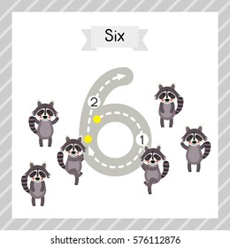 Cute children Flashcard number six tracing with 6 Raccoons for kids learning to count and to write.