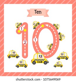 Cute children Flashcard number ten tracing with 10 Yellow Taxi for kids learning to count and to write.