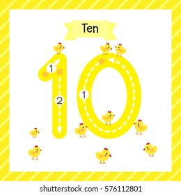 Cute children Flashcard number ten tracing with 10 chicks for kids learning to count and to write.