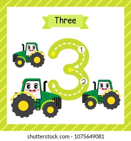 Cute children Flashcard number three tracing with 3 Tractors for kids learning to count and to write.