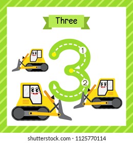 Cute children Flashcard number three tracing with 3 Bulldozers for kids learning to count and to write.