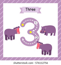 Cute children Flashcard number three tracing with 3 Hippopotamus for kids learning to count and to write.