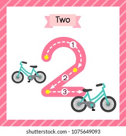 Cute children Flashcard number two tracing with 2 Bicycles for kids learning to count and to write.