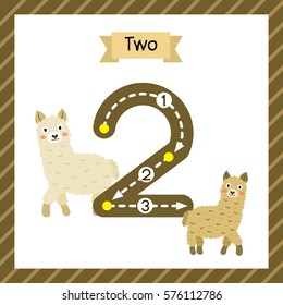 Cute children Flashcard number two tracing with 2 Alpacas for kids learning to count and to write.