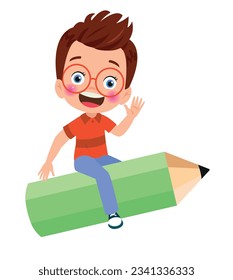 cute children flying on pencil
