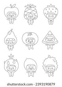 Cute children in fruit costumes. Coloring Page. Funny boys and girls cartoon characters in clothes apple, pineapple, strawberry, pear, orange, watermelon, pitaya, lemon, durian. Hand drawn style.