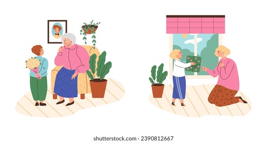 Niños adorables dando regalos y flores a los padres, ilustración vectorial plana aislada en fondo blanco. Niño dando ramo a la abuela y regalo a la madre. Saludo del día de la mujer.