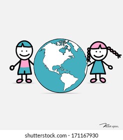 Niños y globo. Ilustración vectorial.
