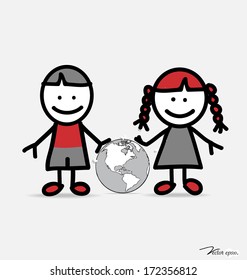 Cute children and globe. Vector illustration.