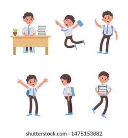 cute children go to school. A student with a bag, books, pencils returns to school. Set of cute school kids. Set of boys with school supplies. Education vector. isolated boy