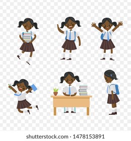 cute children go to school. A student with a bag, books, pencils returns to school. Set of cute school kids. Set of girls with school supplies. Education vector. transparent