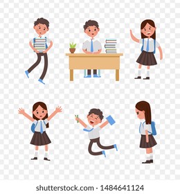 cute children go to school. A student with a bag, books, pencils returns to school. Set of cute school kids. big set of girls and boys with school supplies. vector