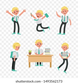 cute children go to school. A student with a bag, books, pencils returns to school. Set of cute school kids. Set of boys with school supplies. Education vector. transparent