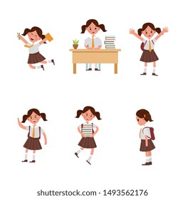 cute children go to school. A student with a bag, books, pencils returns to school. Set of cute school kids. Set of girls with school supplies. Education vector. isolated girl