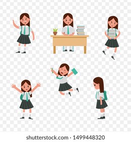 cute children go to school. A student with a bag, books, pencils returns to school. Set of cute school kids. Set of girls with school supplies. Education vector. transparent