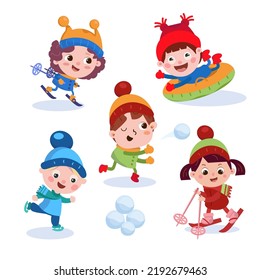 Cute children go skiing, tubing, throwing snowballs. Winter holiday. Set of funny cartoon characters on a white background. Vector illustration.