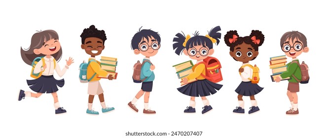 Cute children going to school together. Little different kids are happy to be back to school. Flat vector illustration isolated on white background