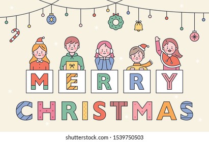 Cute children are greeting on a Christmas message box. Christmas decorated banner. flat design style minimal vector illustration.