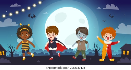 Cute children in halloween costume walking on the night street. Horizontal midnight background with cartoon kids.