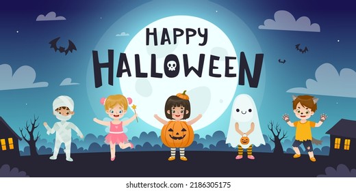 Cute Children In Halloween Costume Walking On The Night Street. Horizontal Halloween Banner With Cartoon Kids.