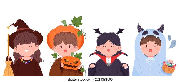 Niños guapos con disfraces de Halloween. Festival de Otoño Halloween Concepto Vector Juego de Ilustración de Caracteres.