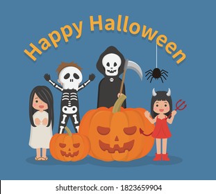 Cute children in Halloween costumes, pumpkins and skeletons, grim reaper, demons, ghosts, cartoon comic vector illustration