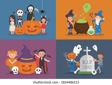 Cute children halloween ghost dress up, cartoon comic vector illustration, set
